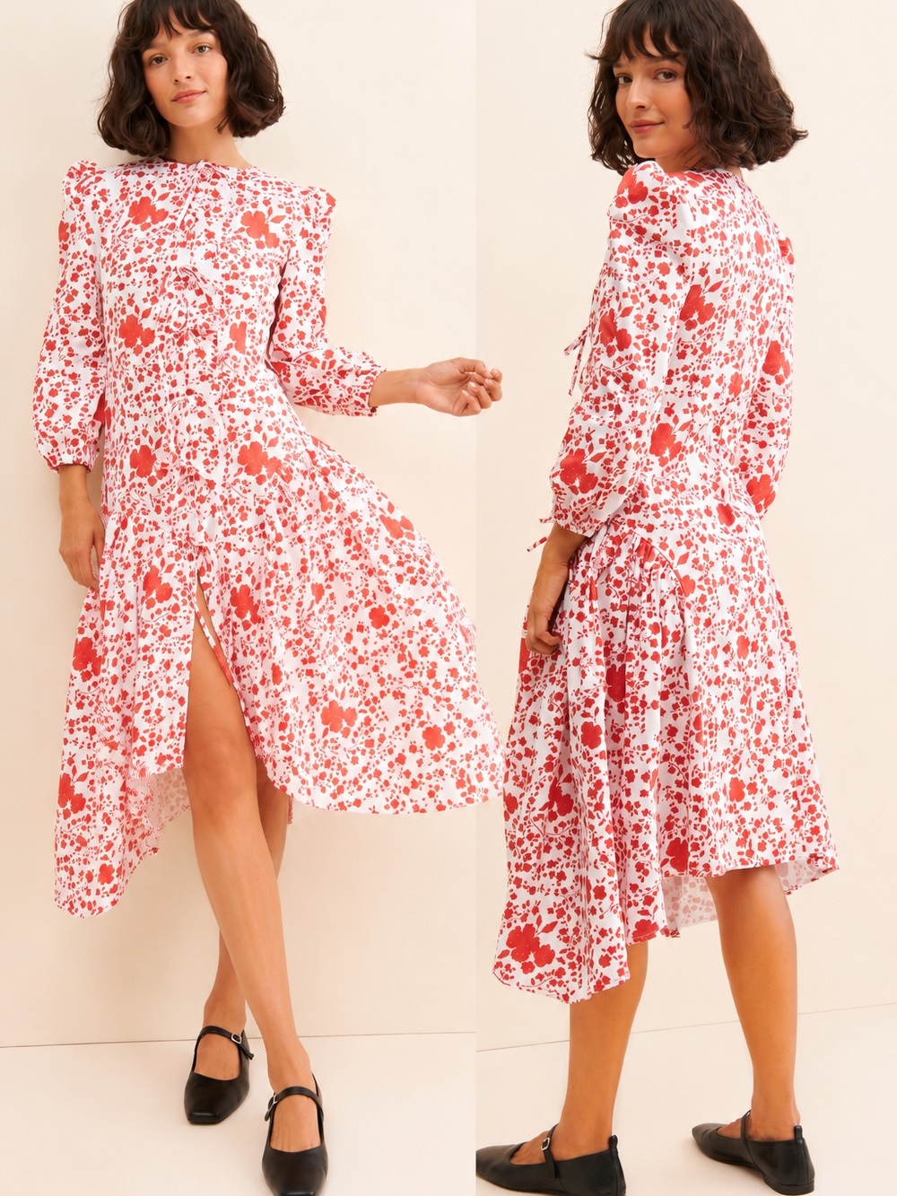 Naya Rea Anni Tie Front Floral Midi Dress Ivory Red Cotton US 6